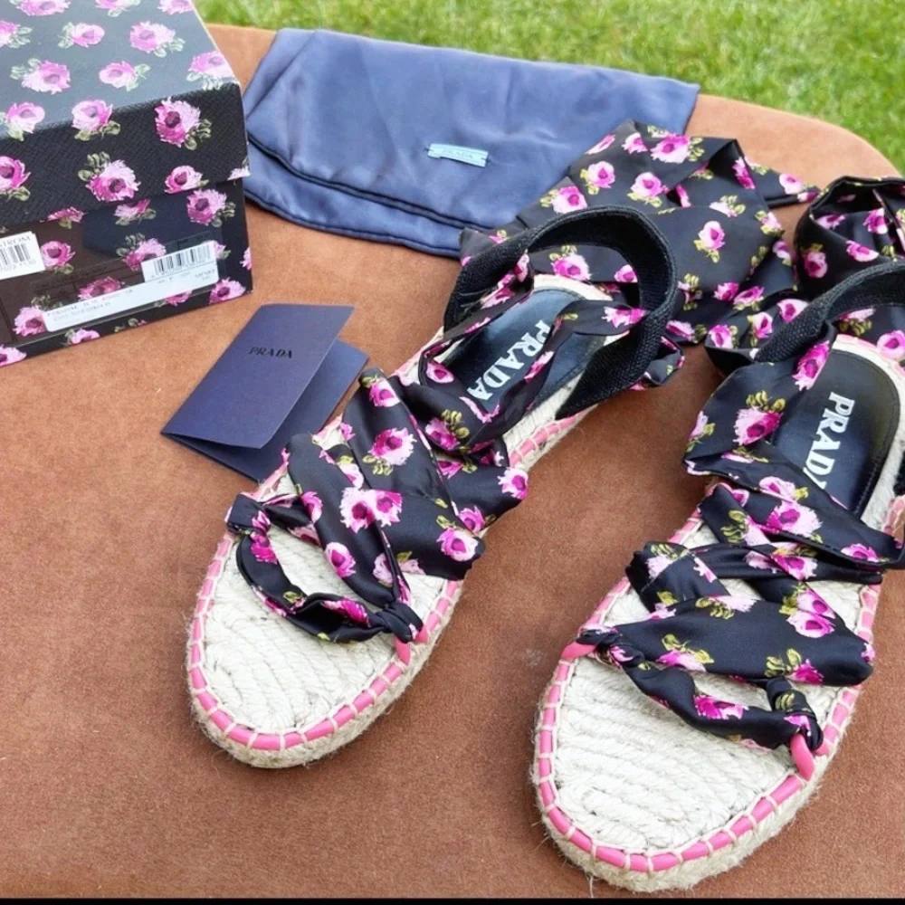 Authentic Prada BRAND NEW Wrap Around Floral Espadrille Platform Flats - Picture 3 of 10